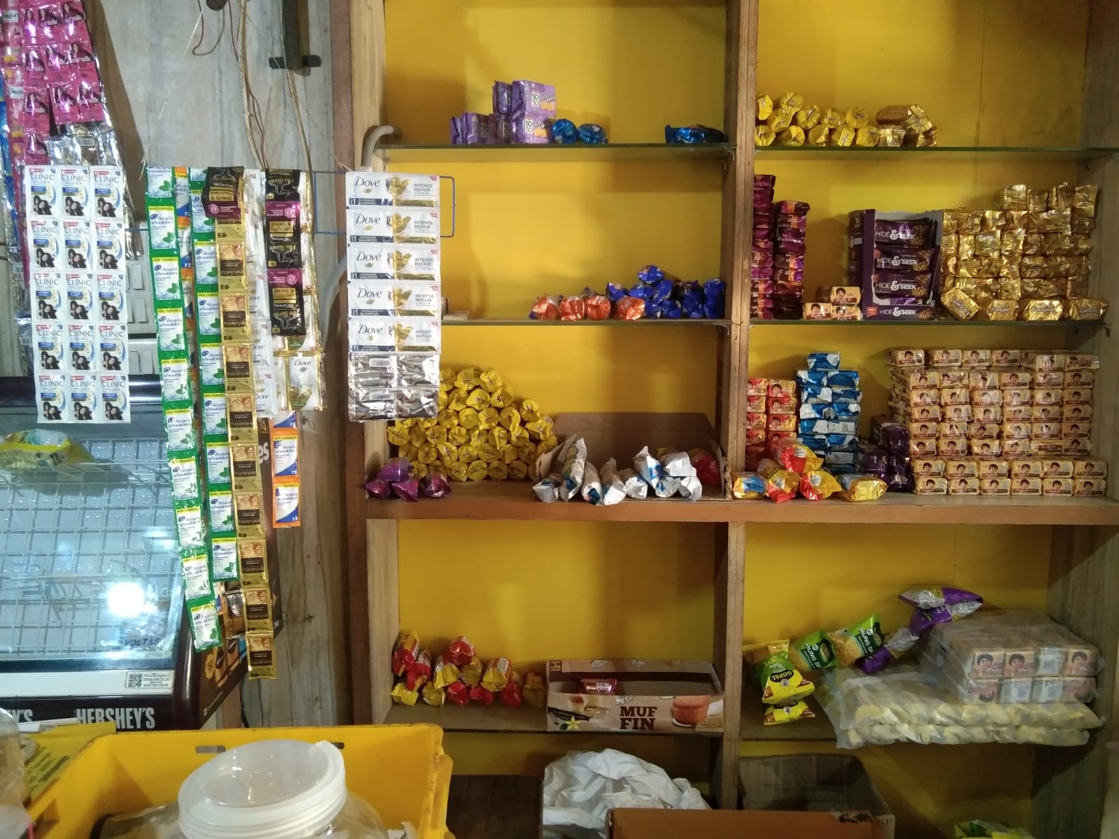 Sweets and biscuits shelves at Satnam Stores